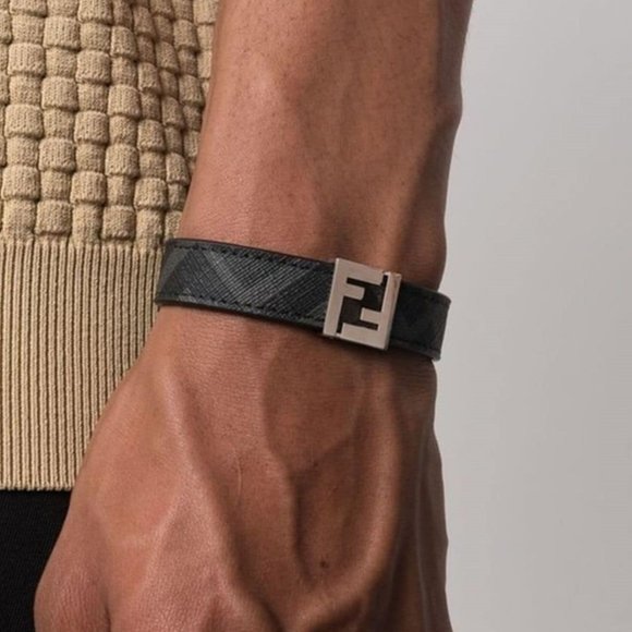 FENDI 'FF Metal Logo Reversible Bracelet' Men's Canvas & Leather M Gry/Ylw NWT! - Picture 12 of 16